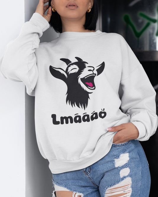 White funny graphic sweatshirt with laughing goat and "Lmaáááo" text, perfect for humor lovers and bold statement fashion.