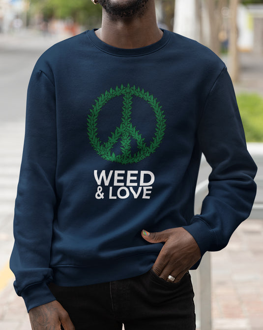 Navy blue graphic sweatshirt with cannabis peace sign and "Weed & Love" design, perfect for weed lovers and bold fashion fans.