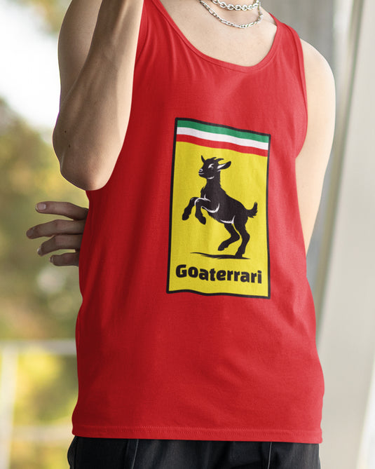 Model wearing a red graphic tank top with a humorous "Goaterrari" design featuring a goat logo in the style of a luxury car brand, ideal for men and women