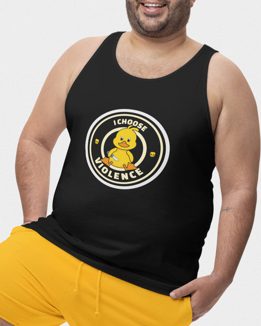 Model wearing a black graphic tank top with a humorous "I Choose Violence" design featuring a cute duck holding a bat, perfect for men and women