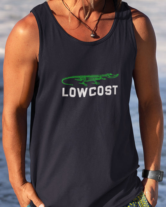 Man wearing a black graphic tank top with a humorous "Lowcost" text and alligator design, perfect for fans of sarcasm.