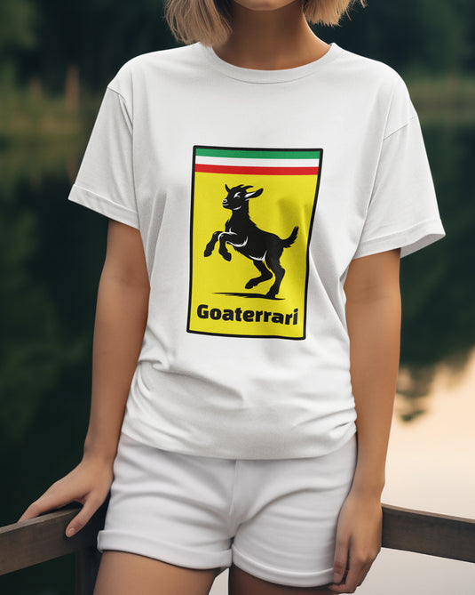 White graphic tee featuring a humorous brand parody design with a playful goat logo and text "Goaterrari."