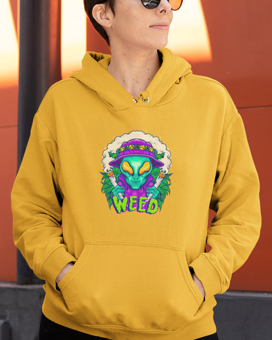 Yellow hoodie with colorful alien and weed graphic, ideal for weed enthusiasts, for men and women.