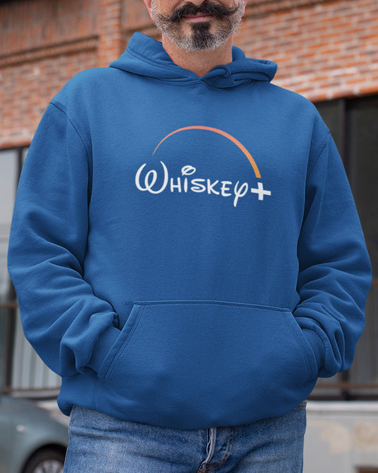 Blue hoodie with humorous "Whiskey Plus" graphic, ideal for whiskey lovers, for men and women.