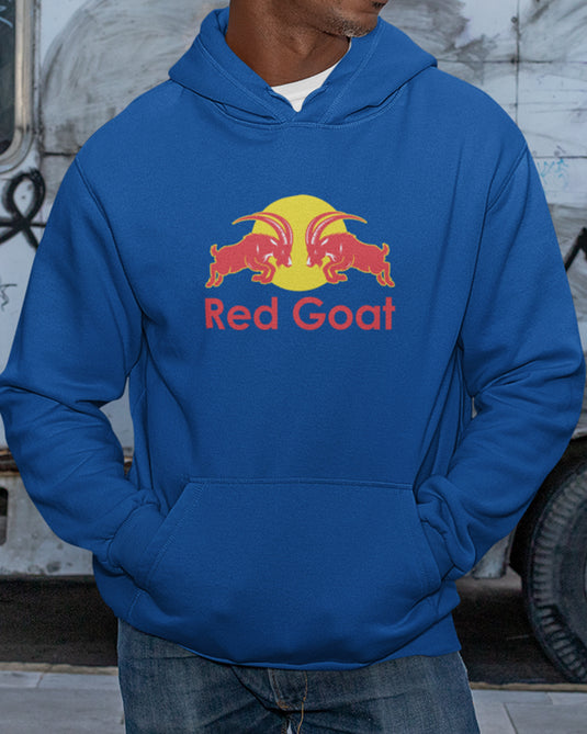 Blue graphic hoodie with funny red goat design, perfect for unisex streetwear and bold statement fashion lovers.