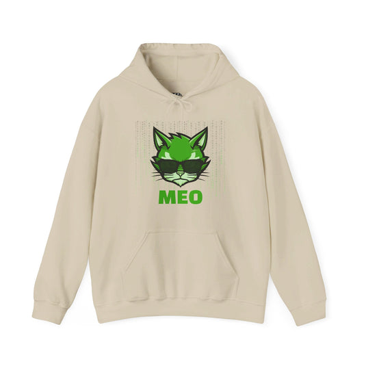 Sand hoodie with the "MEO" design, a clever parody ideal for cat lovers who enjoy subtle nods to iconic sci-fi films and humor.