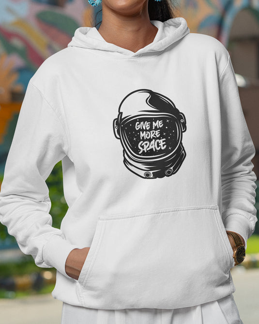 White funny graphic hoodie with "Give Me More Space" sarcastic astronaut design, perfect for bold statement fashion lovers.