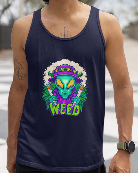 Navy tank top featuring a colorful alien smoking weed graphic, ideal for weed culture enthusiasts, for men and women.