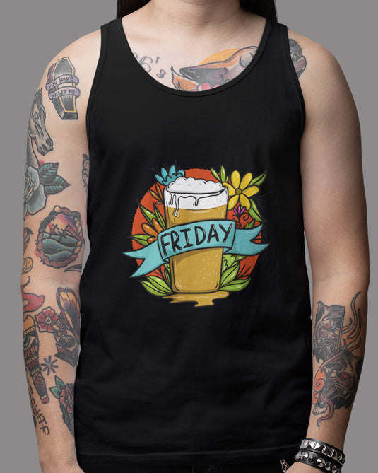 Black tank top featuring a colorful "Friday" beer graphic with floral elements, perfect for weekend and beer lovers, for men and women.