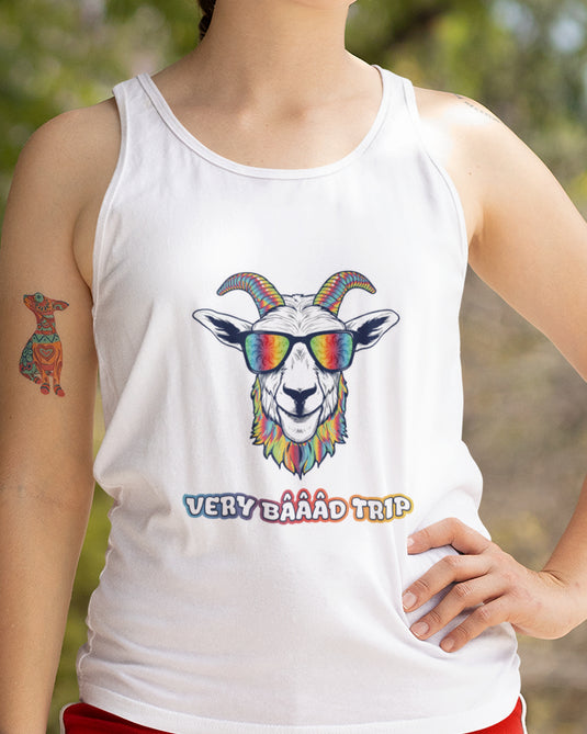 White tank top with psychedelic goat graphic