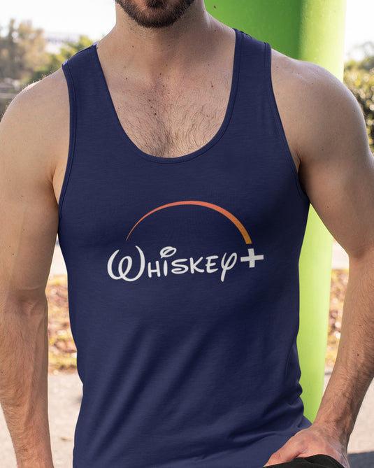 Navy tank top with humorous "Whiskey Plus" graphic, ideal for whiskey lovers, for men and women.