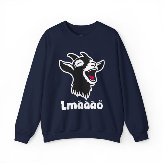 Navy sweatshirt featuring a hilarious goat graphic and "LMAAOO" text, ideal for men and women who enjoy quirky animal designs.