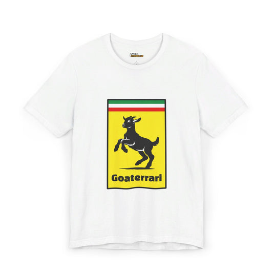 White Goaterrari t-shirt for men and women, funny brand parody of Ferrari logo with a prancing goat. Perfect for car lovers and humor fans.