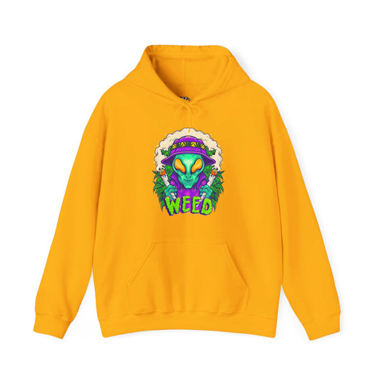 Gold hoodie for men and women featuring a vibrant "Alien Weed" design with bold cannabis graphics, perfect for weed lovers.