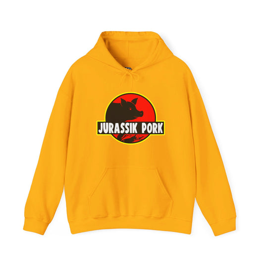 Gold hoodie with "Jurassik Pork" funny parody design, perfect for men and women who appreciate clever brand parodies and humor.