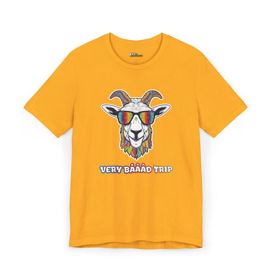 Gold tee for men and women featuring a colorful 'Very Baaad Trip' graphic, perfect for those who enjoy psychedelic rave trips.