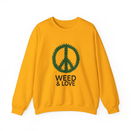 Gold sweatshirt with a "Weed & Love" design, ideal for men and women who enjoy cannabis culture and a playful twist on the peace symbol.