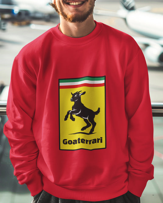 Red graphic sweatshirt with "Goaterrari" brand parody design, perfect for humor lovers and bold statement fashion enthusiasts.