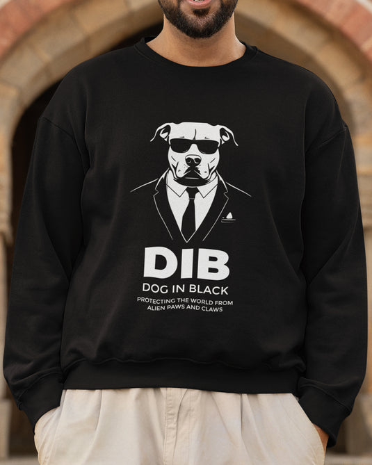 Black graphic sweatshirt with "Dog in Black" brand parody design, perfect for pitbull lovers and humor enthusiasts.