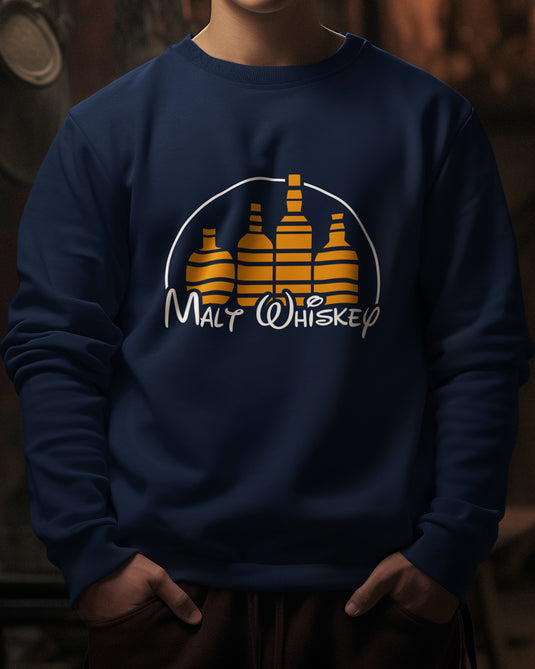 Navy blue graphic sweatshirt with "Malt Whiskey" brand parody design, perfect for whiskey lovers and humor enthusiasts.