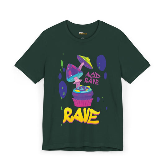 Forest green t-shirt with a psychedelic cupcake design and vibrant graffiti text, perfect for festival goers and rave enthusiasts.