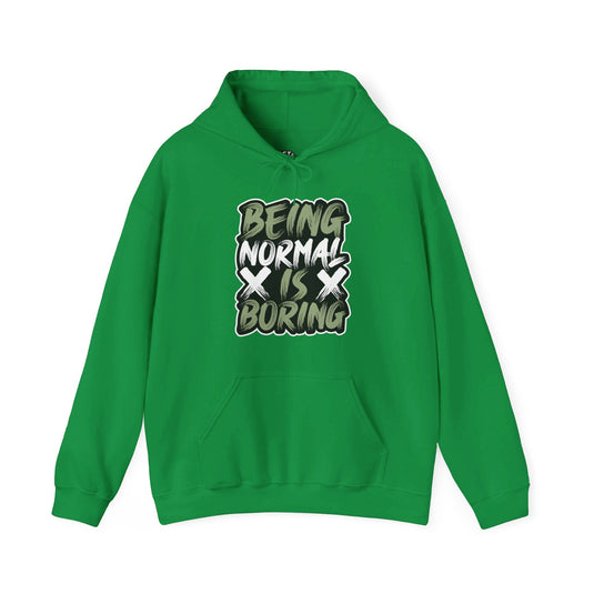 Irish green hoodie for men and women with a graffiti-style 'Being Normal is Boring' design, perfect for those who defy the ordinary.