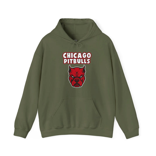 Military green hoodie featuring the "Chicago Pitbulls" design, ideal for men and women who enjoy pitbulls and playful brand parodies.