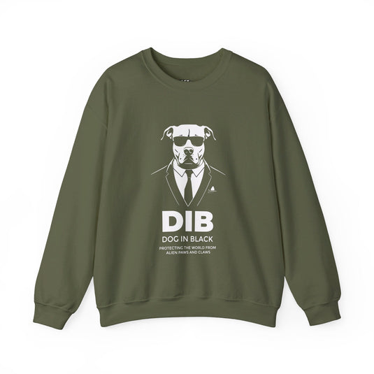 Military green sweatshirt for men and women featuring a clever 'Dog In Black' parody graphic, perfect for those who love dogs and humor.