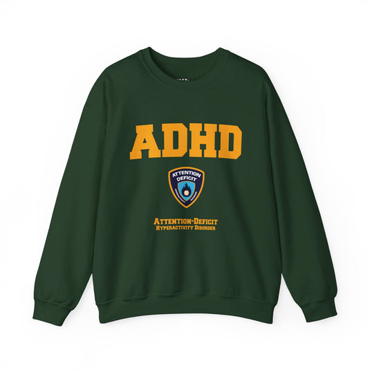 Forest green sweatshirt for men and women featuring a playful 'ADHD' parody graphic, ideal for adding a touch of humor to your day.