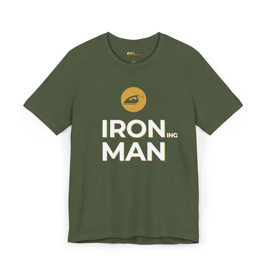 Military Green Ironing Man t-shirt, a funny brand parody tee for men and women. Perfect for those who appreciate clever humor.