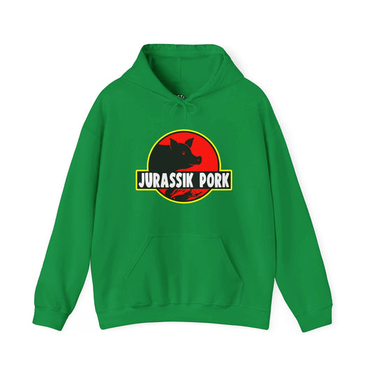 Irish green hoodie with the "Jurassik Pork" funny design, perfect for men and women who enjoy a clever take on a classic movie logo.