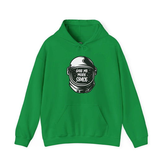 Irish green hoodie with "Give Me More Space" astronaut helmet design, perfect for men and women who love sarcasm and space