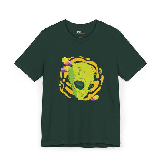 Forest green t-shirt featuring a psychedelic alien head and capsule design, perfect for rave lovers and festival goers.