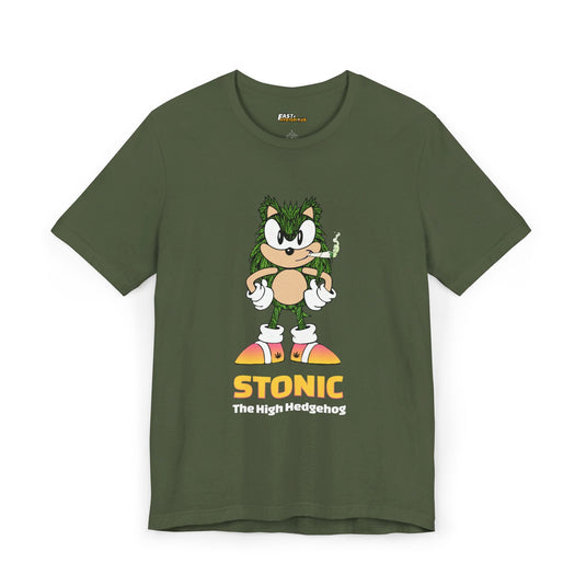 Military green tee for men and women with a fun 'Stonic The High Hedgehog' parody design, ideal for weed lovers with style.