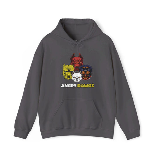 Charcoal grey hoodie with the "Angry Dawgs" design, perfect for men and women who enjoy dog humor and a clever twist on familiar icons.