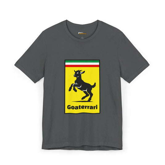 Asphalt Grey Goaterrari t-shirt, clever and funny brand parody featuring a goat. Ideal for men and women who love witty designs.