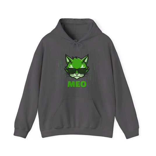 Charcoal grey hoodie featuring the "MEO" design, perfect for men and women who love cats and enjoy witty brand parodies.