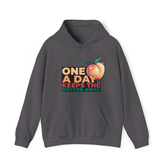 Charcoal grey hoodie for men and women featuring a cheeky 'One A Day Keeps the Doctor Away' design with a peach graphic.