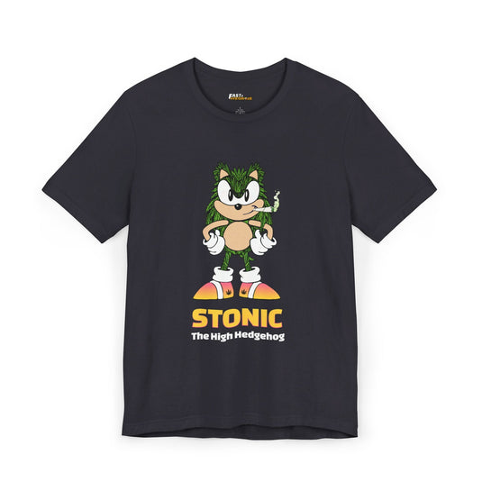 Asphalt grey tee for men and women with a playful 'Stonic The High Hedgehog' design, ideal for fans of weed and clever parodies.