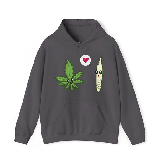 Charcoal grey hoodie with a fun and playful weed leaf and joint design, perfect for men and women who enjoy cannabis culture.