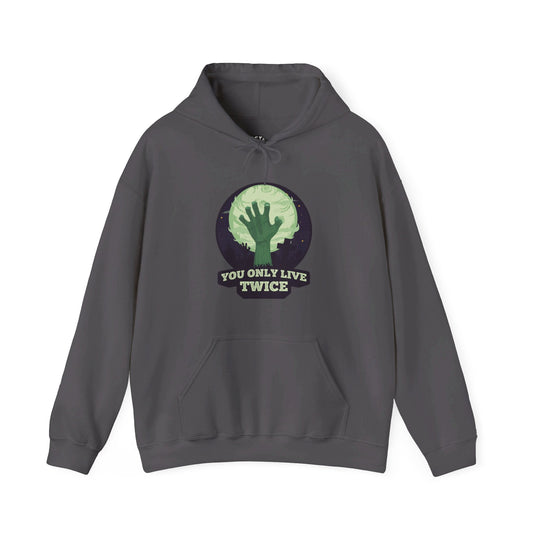 Charcoal grey hoodie for men and women with a bold "You Only Live Twice" design and zombie graphic, ideal for sarcastic humor lovers.