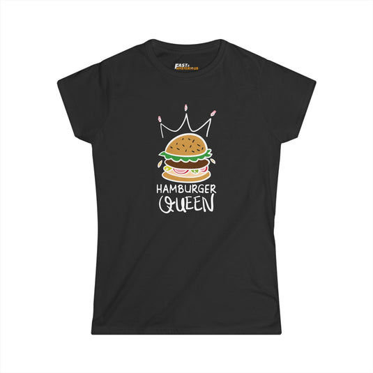 Black Hamburger Queen t-shirt for women, featuring a fun and sarcastic graphic. Perfect for food lovers and casual wear.