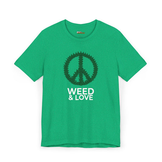 Heather kelly tee for men and women featuring a 'Weed & Love' peace symbol parody, perfect for cannabis lovers.