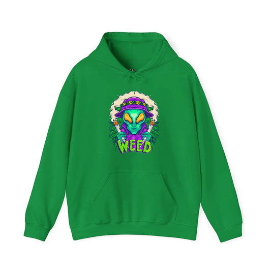 Irish green hoodie for men and women featuring a vibrant "Alien Weed" design with bold cannabis graphics, ideal for weed enthusiasts.