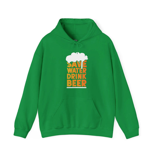 Irish green hoodie for men and women featuring a playful "Save Water Drink Beer" design, perfect for beer enthusiasts with a sense of humor.