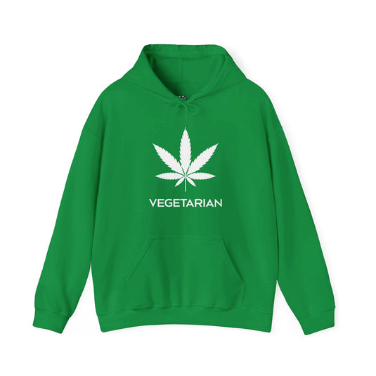 Irish green hoodie for men and women featuring a bold "Vegetarian" text with a cannabis leaf graphic, perfect for weed lovers.