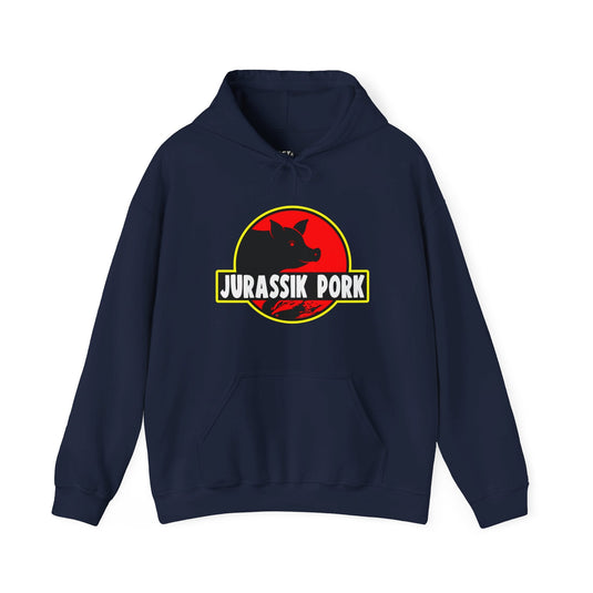 Navy hoodie featuring the "Jurassik Pork" design, ideal for men and women who appreciate a humorous twist on a classic logo.