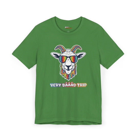 Leaf green tee for men and women with a vibrant 'Very Baaad Trip' design, great for adding a fun touch to your rave outfit.