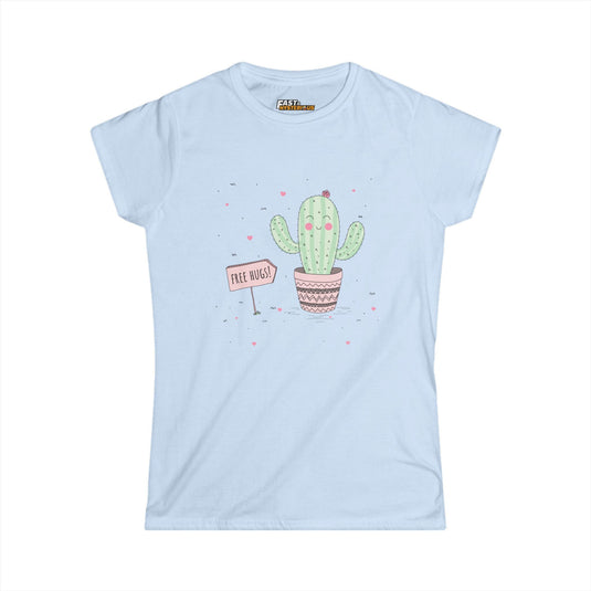 Light Blue Free Hugs Cactus t-shirt for women with a funny sarcastic design. Ideal for casual outfits and humor lovers.