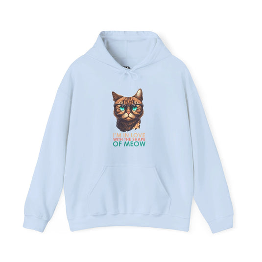 Light blue hoodie featuring the "I'm in Love with the Shape of Meow" design, perfect for cat lovers and music fans.